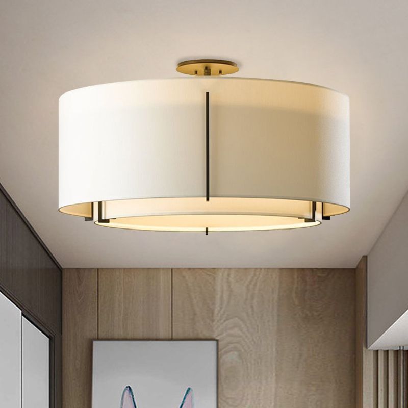 Dual Drum Fabric Close to Ceiling Lighting Traditional 3-Light Living Room Semi Mount Lamp in White