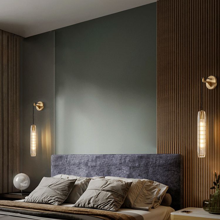 Modern Luxury Single Hanging Wall Lamp Copper Cylindroid Wall Light with Crystal Shade