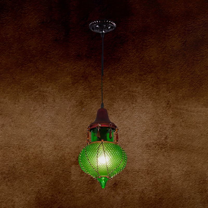 1 Light Pendant Lamp Moroccan Urn Shaped Red/Yellow/Blue Glass Hanging Light Kit for Coffee Shop