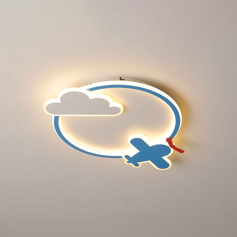 Jardín de infantes plano y en la nube, metal ligero led, fijación de techo integrado para niños, azul y blanco
