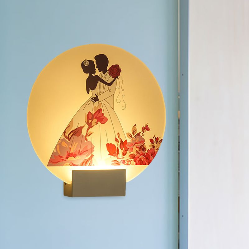 White Circular Romantic Couple Wall Lighting Asia Style LED Acrylic Wall Mural Lamp for Wedding Room