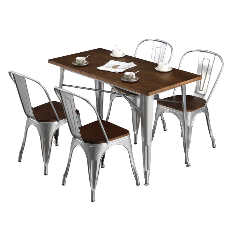 Industrial Style Solid Wood Dining Set with Metal 4 Legs Fixed Table Dinette Set for Restaurant