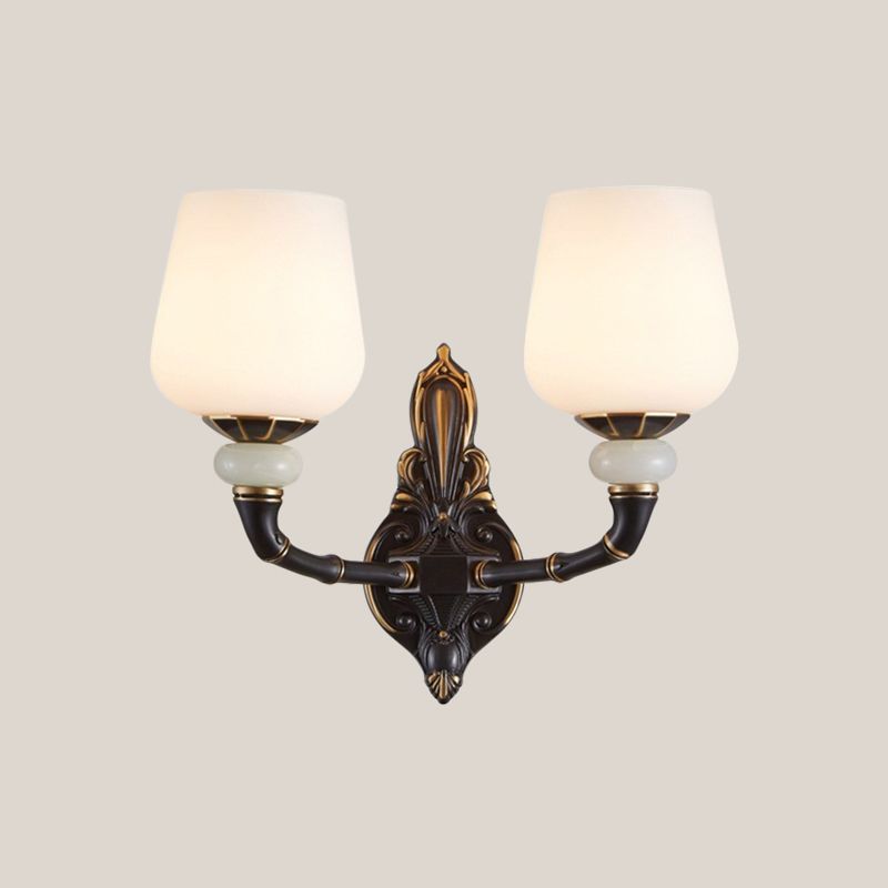 Black and Gold Cup-Shape Wall Lighting Traditional Opal Glass 1/2-Head Indoor Wall Lamp