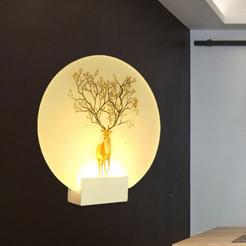 Circular Living Room Elk Wall Lamp Acrylic LED Chinese Style Wall Mural Light in White