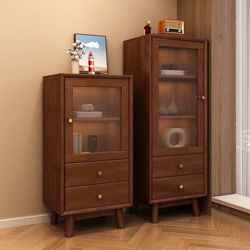 Rubberwood Accent Cabinet Modern Glass Paned Cabinet with Drawers