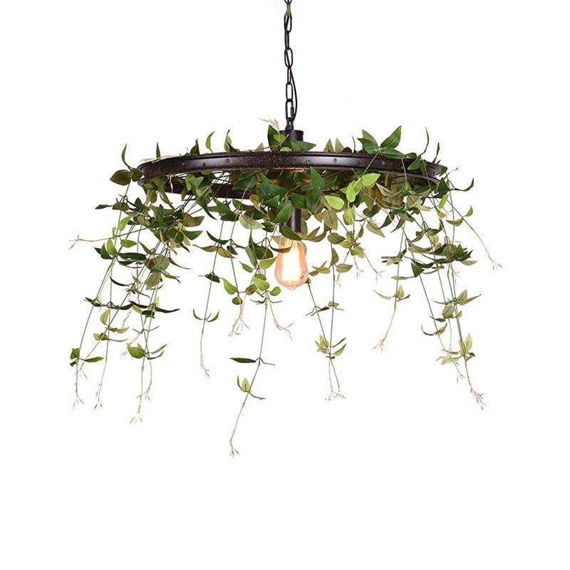 Black Wheel Hanging Lamp Kit Farmhouse Metal 12.5"/15" W 1-Head Restaurant Suspension Pendant Light with Plant Deco