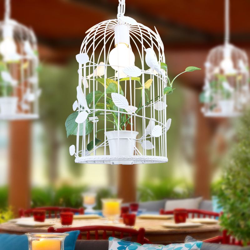 Iron White Suspension Light Birdcage 1 Bulb Warehouse Ceiling Pendant with Inner Plant Deco
