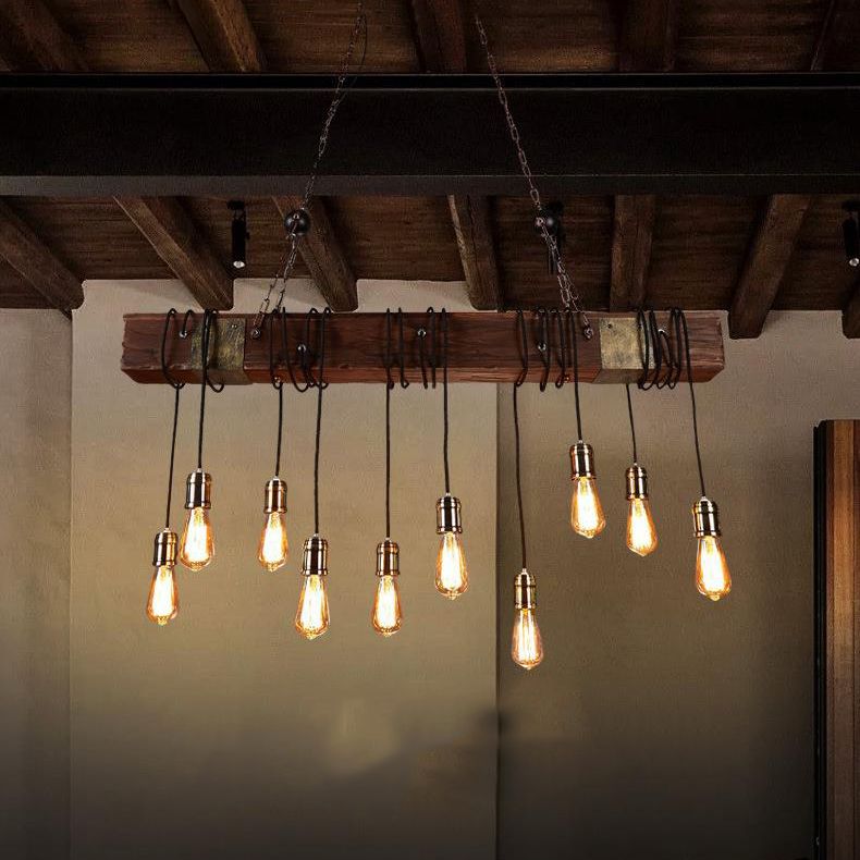 Linear Shape Pendant Light Modern Style Wood 10 Lights Hanging Lamp in Brown