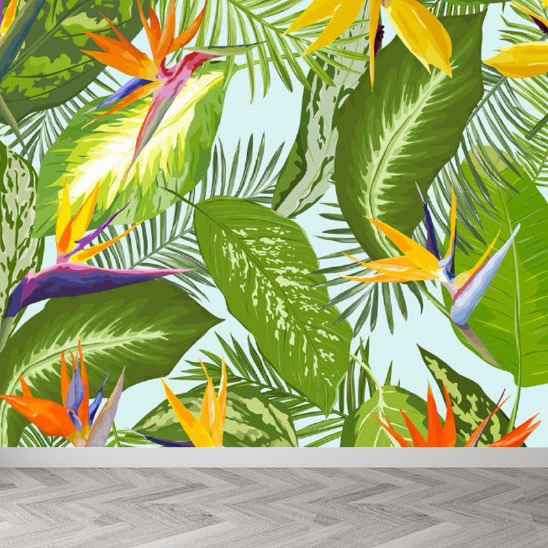 Tropical Flower Print Wall Mural Non-Woven Waterproof Soft Color Wall Art for Bathroom