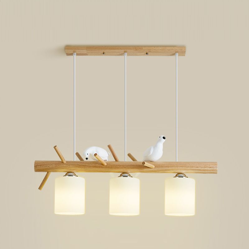 Modern Wood Pendant Light Cylinder Shape Island Light with Glass Shade for Bedroom