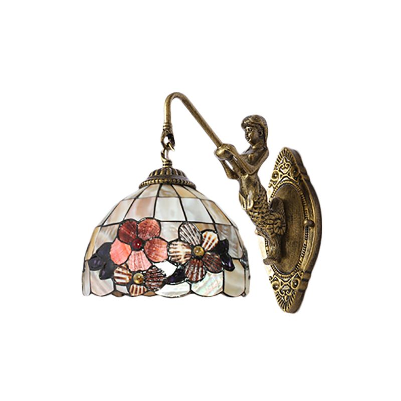 Victorian Dome Sconce Light Beige Glass 1 Head Bedside Wall Mount Light with Flower Pattern
