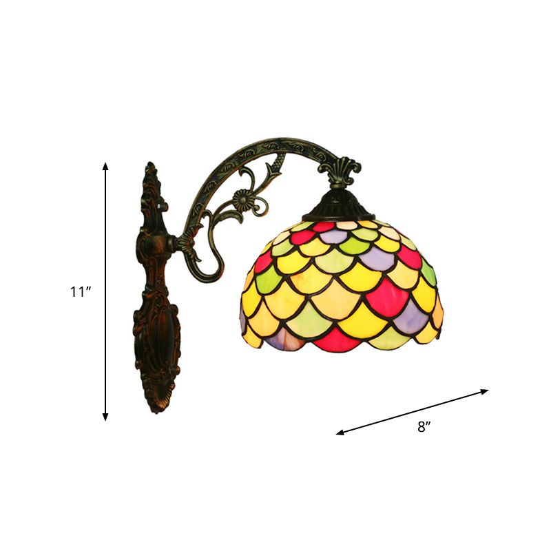 Fishscale Stained Art Glass Wall Lamp Tiffany 1 Bulb Brass Wall Sconce Light with Curved Arm