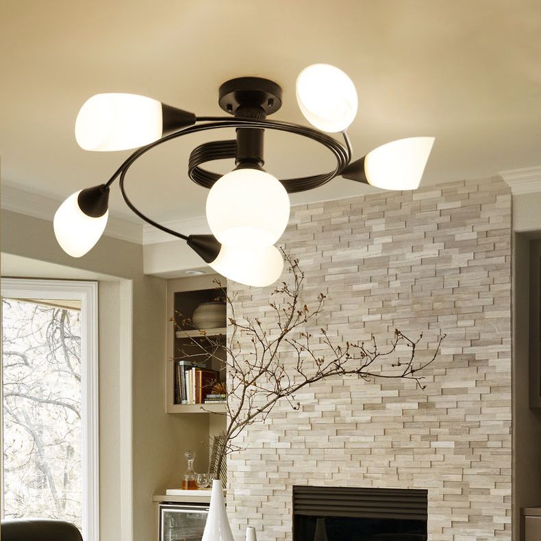 Luz de techo negro de vidrio en el estilo tradicional de hierro forjado de hierro forjado de hierro radial de interiores Semi Flush Monte