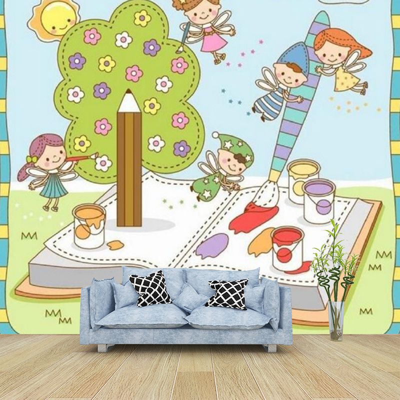 Fantasy Kids with Book Murals Wallpaper Cartoon Non-Woven Wall Art in Blue and Green
