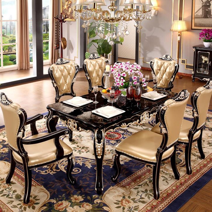 Marble Black Tone Dining Table Victorian 4 Legs Table for Dining Room