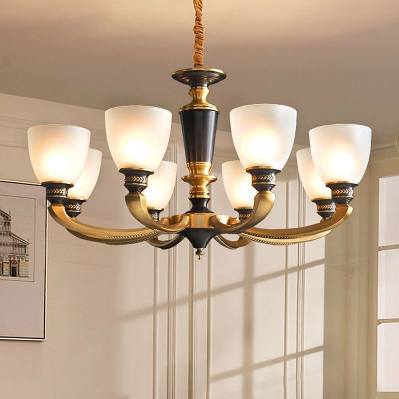 Black-Bronze Hanging Ceiling Light Traditional Frosted Glass Bell Chandelier for Living Room