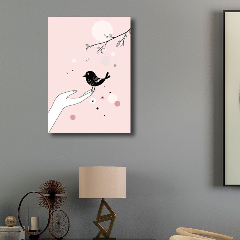 Kids Bird on Hand Canvas Print for Nursery Wall Decor in Pink, Multiple Size Options