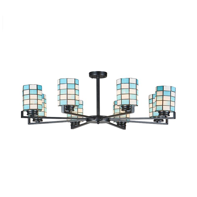 Stained Glass Black/White Semi Mount Lighting Cylinder 3/6/8 Lights Baroque Ceiling Mounted Light