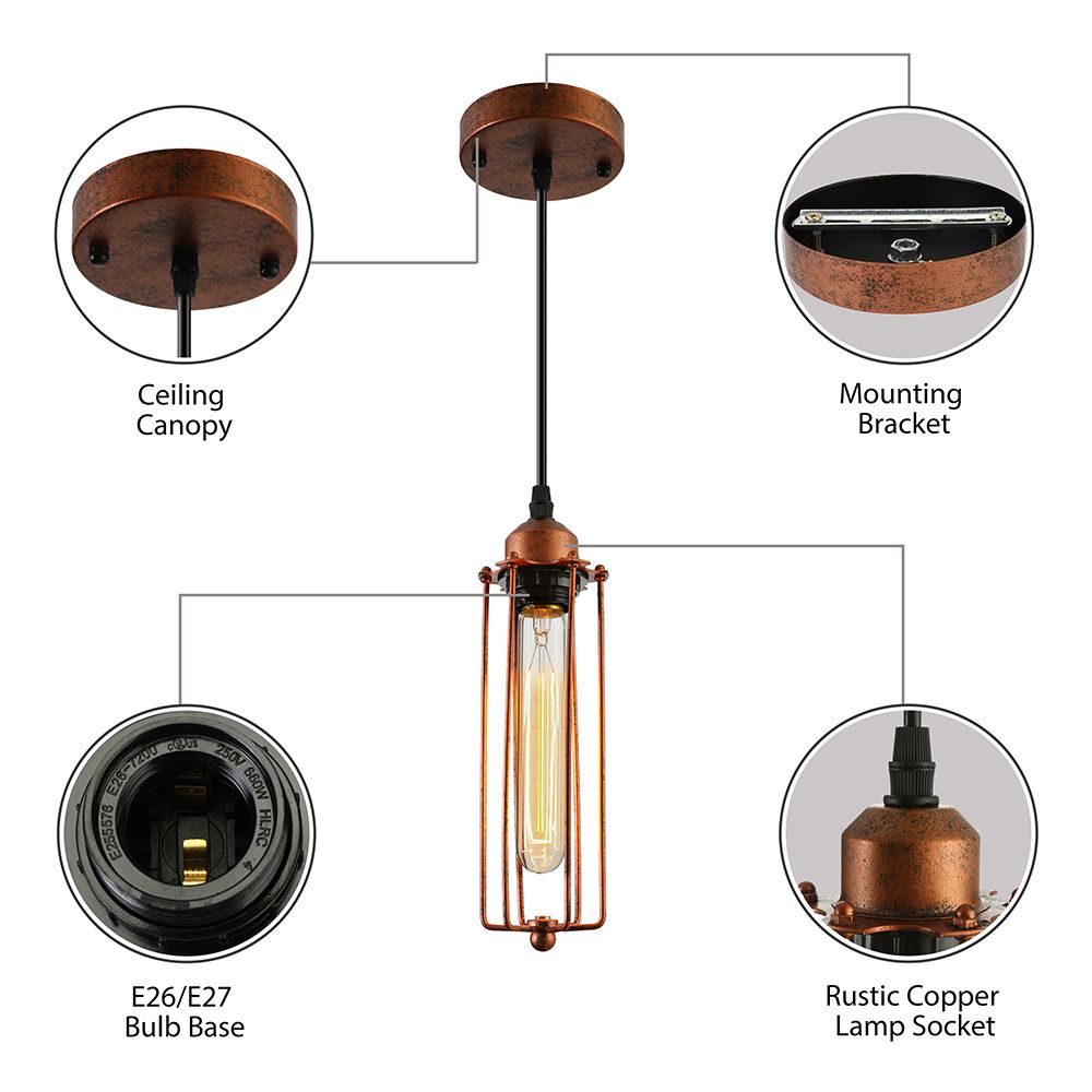 Dark Rust Tube Pendant Lighting Vintage Style Metallic 1 Bulb Kitchen Hanging Lamp with Wire Guard