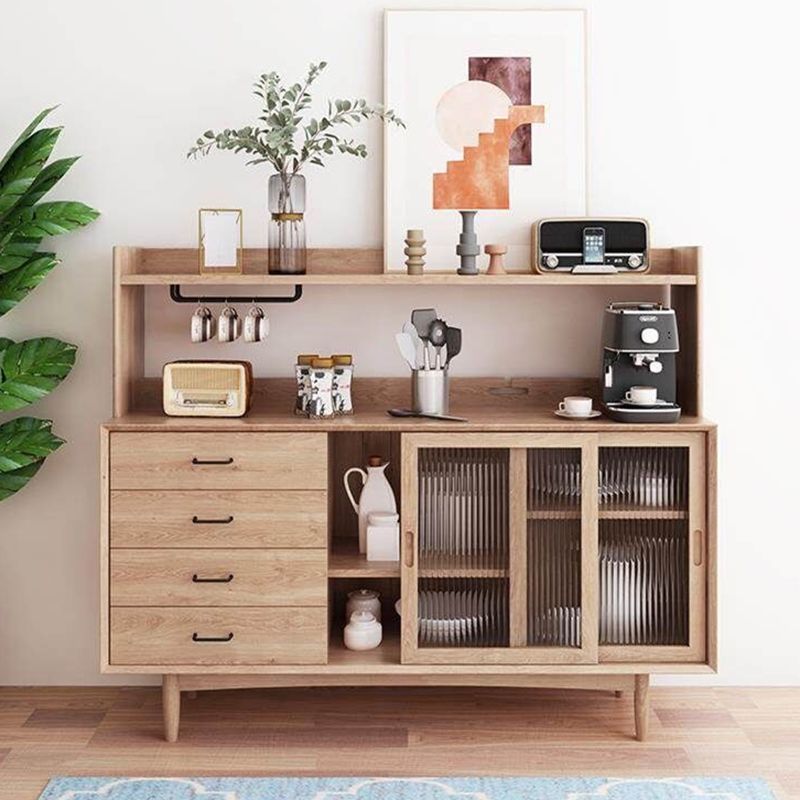 Contemporary Glass Doors Dining Hutch Pine Storage Cabinet for Bedroom