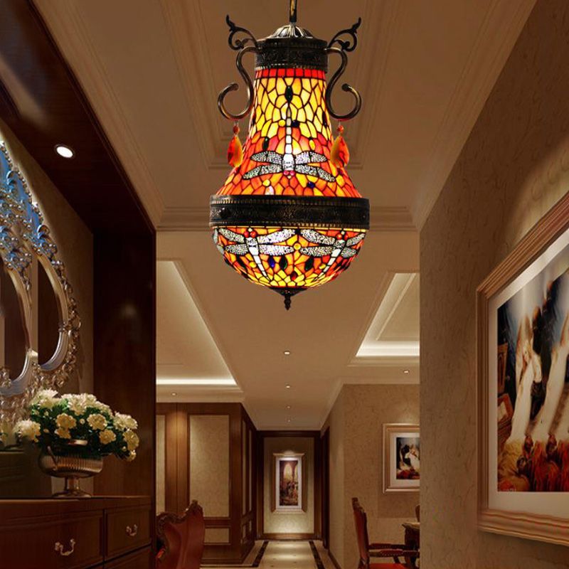 Dragonfly Chandelier 6 Lights Stained Glass Tiffany Pendant Lighting in Red/Yellow/Green for Dining Room