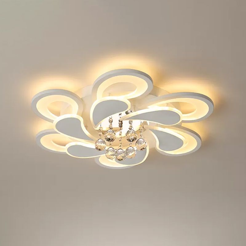 Modern LED Flush Mount Light White Spiral Crystal Orb Close to Ceiling Lamp with Acrylic Shade in Warm/White Light