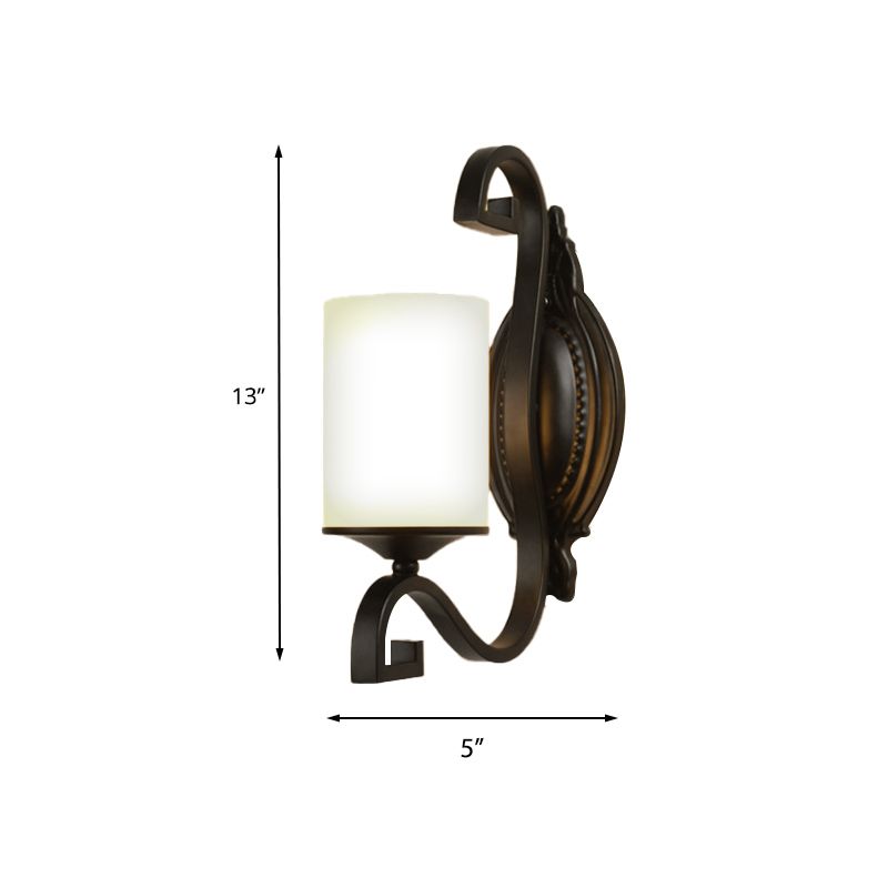 Black Cylindrical Wall Light Sconce Vintage Style Metal 1-Light Study Wall Lamp with White Glass Shade