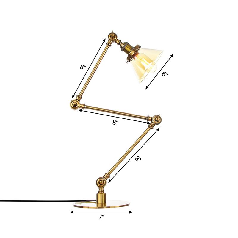 Table conique de style industriel clair Ambre / verre transparent et métal 1 lampe de table de chambre à coucher légère avec bras réglable en noir / laiton
