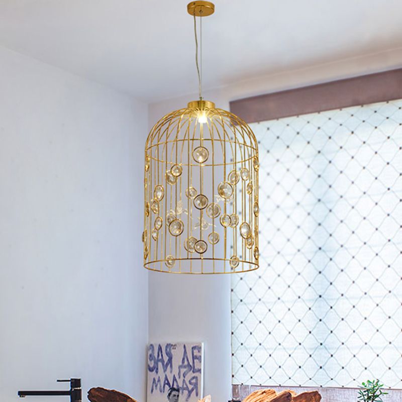Metal Bird Cage Pendant Light Crystal Bead Deco Pendant Chandelier for Dining Room