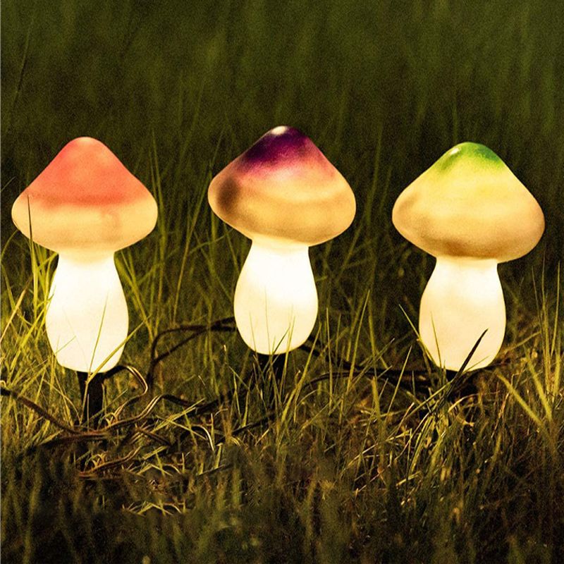 Mushroom Solar Ground Lighting Contemporary Plastic Courtyard LED Landscape Light in Purple, 3 Pcs