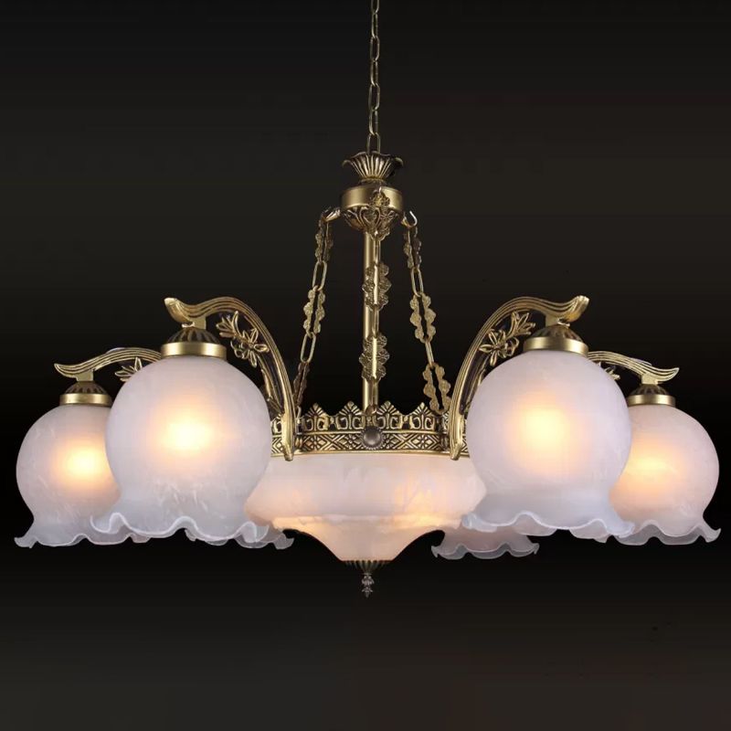 9 Lights Half-Bloom Ceiling Chandelier Rustic Brass White Glass Hanging Pendant Light