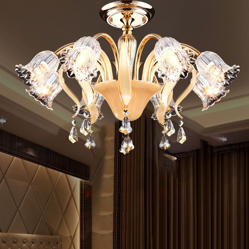 Flower Bedroom Semi Flush Mount Contemporary Crystal 8 Heads Gold Close to Ceiling Lamp