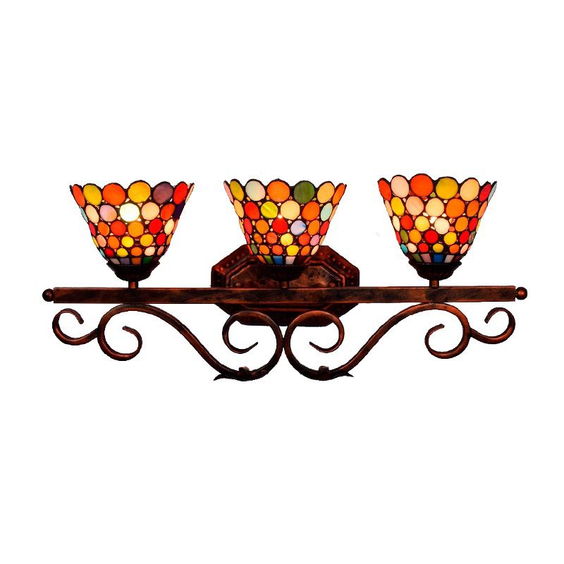Stained Glass Dots Flared Wall Lamp Tiffany 3-Head Rust Vanity Sconce Light for Bathroom