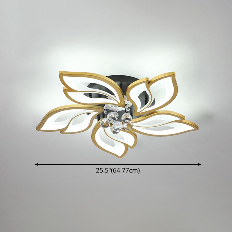 Gold Finish Flower Ceiling Lighting Contemporary LED Metal Semi Flush Mount with Crystal Ball