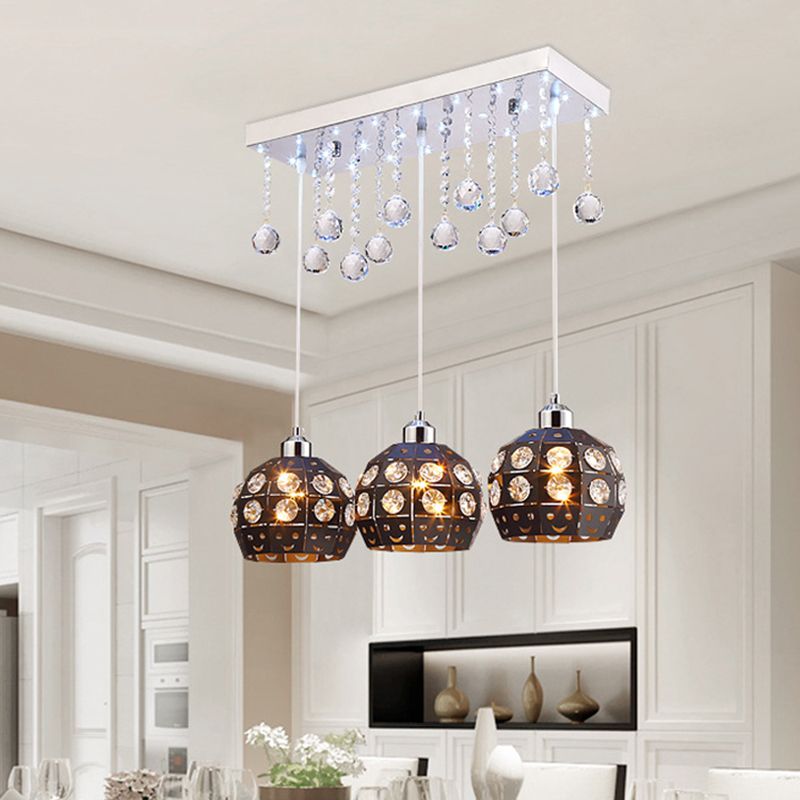 Globe Metallic Cluster Light Pendant Modernist 3 Heads Black Pendulum Lamp with Crystal Deco
