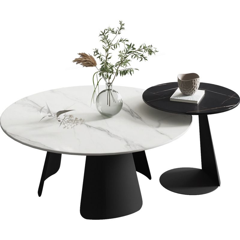 Modern Black and White Coffee Table Round Slate and Metal Table