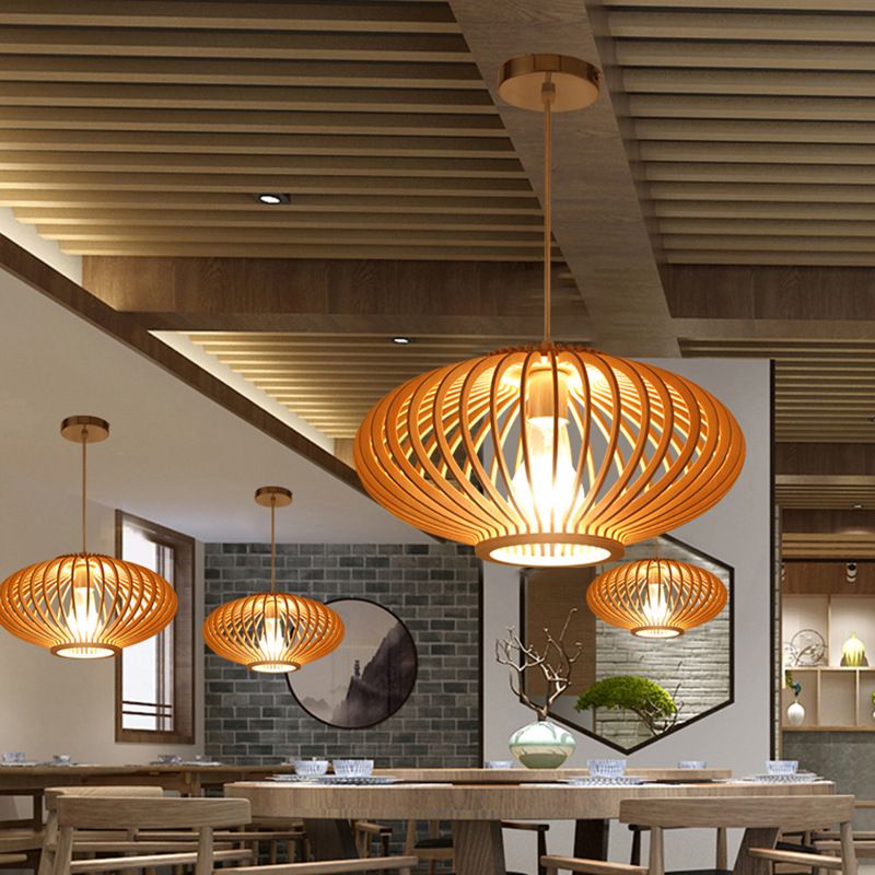 1 Leichte Anhängerlampe mit Holzrahmen Moderne Federleuchten für Esszimmer