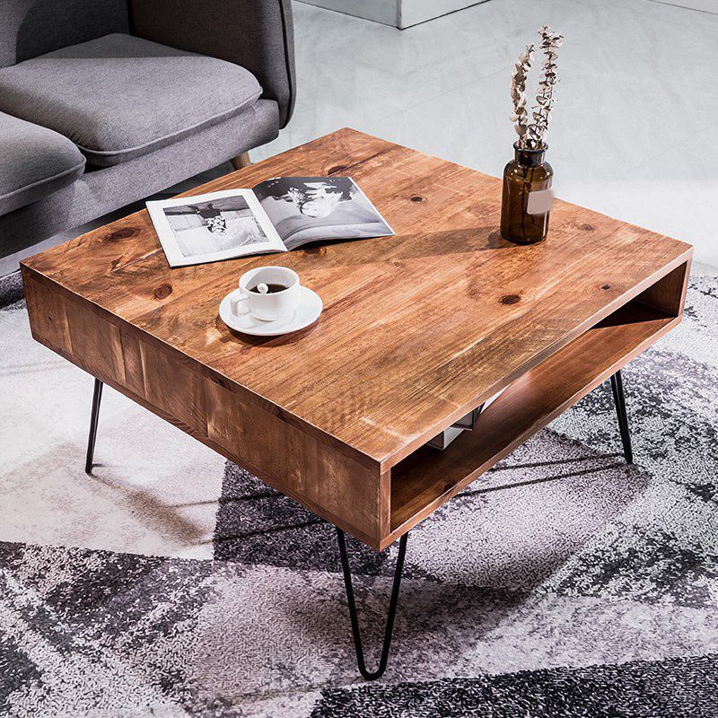 Contemporary Coffee Table with with Brown Top and Black Iron Legs