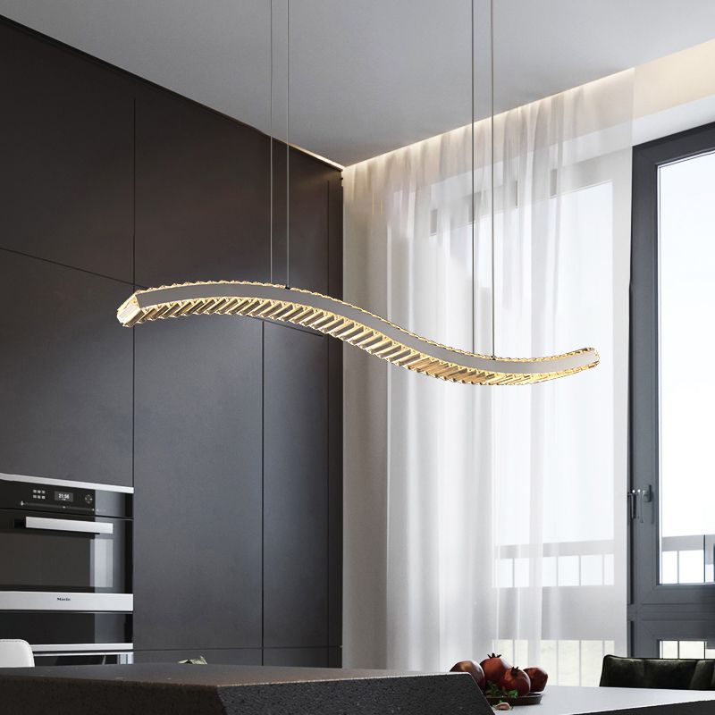 Contemporary LED Linear Ceiling Lamp Fixtures Crystal Gold Island Pendant