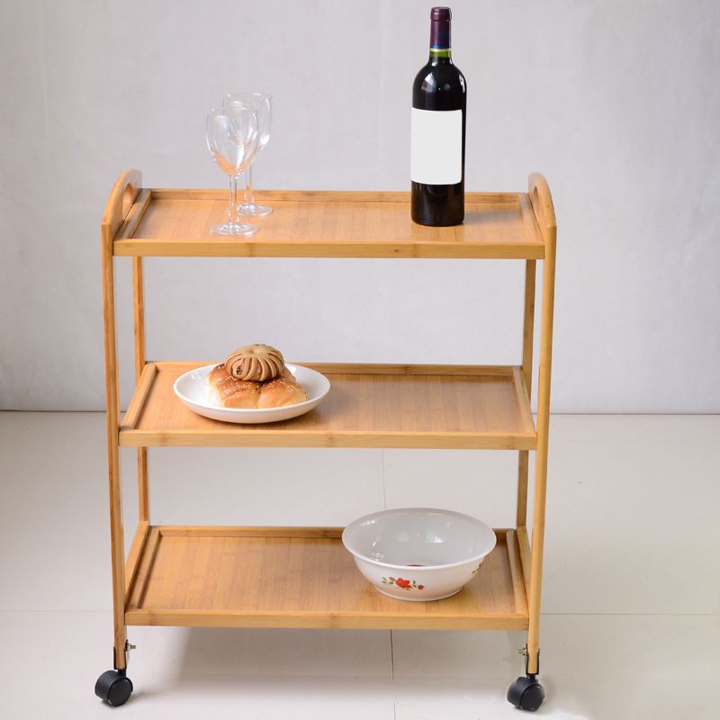 Home Dining Prep Table Natural Open Shelves Prep Table with Casters