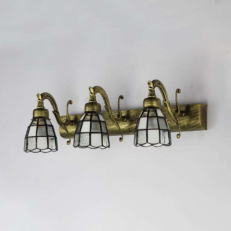 Stained Glass Dome Wall Lighting with Square/Blue Square Pattern and Linear Backplate Vintage Retro 3 Lights Sconce Lighting in Copper/Antique Brass/Brass