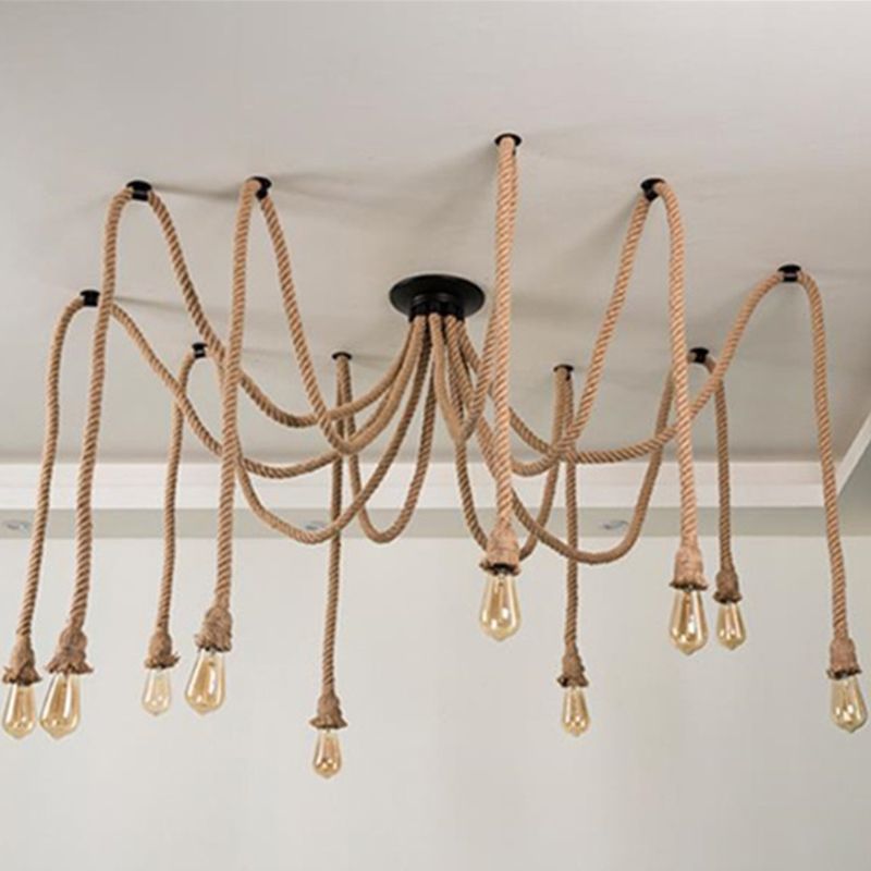 Hemp Rope Spider Suspension Light Rustic Restaurant Chandelier Lighting in Flaxen