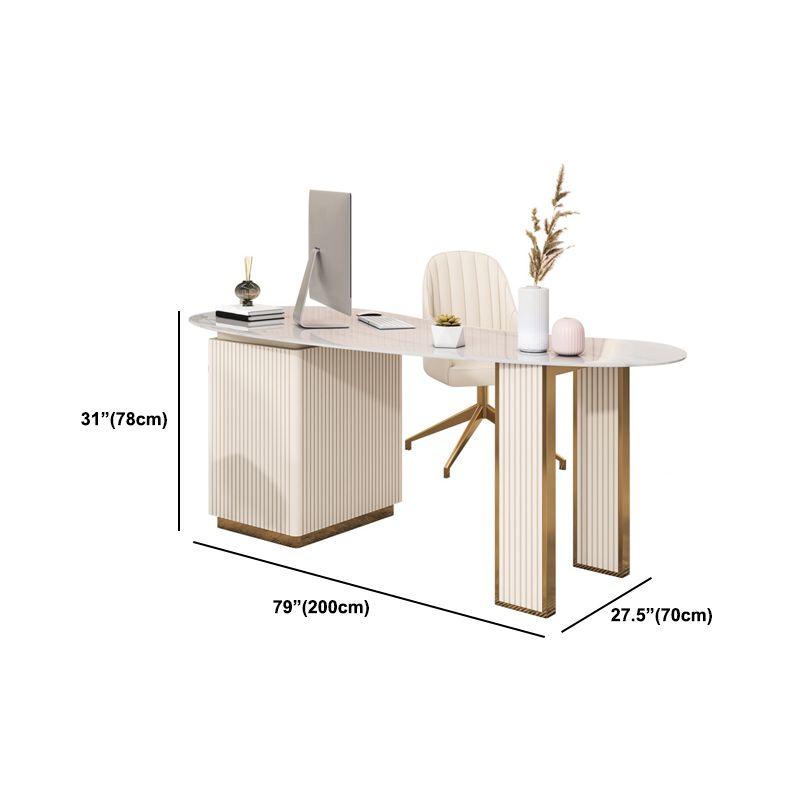 Beige 3 Drawers Writing Desk Glam Stone and Metal Office Desk for Office