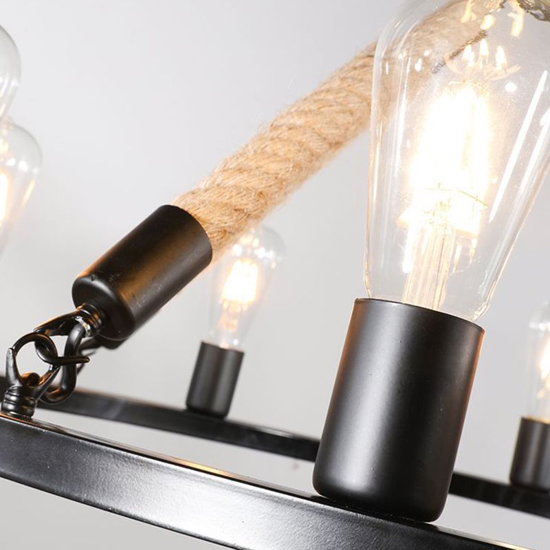 Industrial Art Rope Hanging Chandelier Light Circular Black Metal Exposed Bulb Drop Lamp