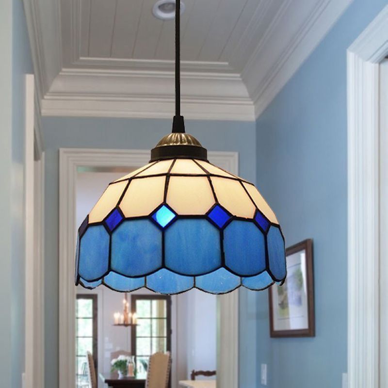 Blue Scalloped Suspension Light Tiffany Style Single-Bulb Gridded Glass Hanging Pendant Light
