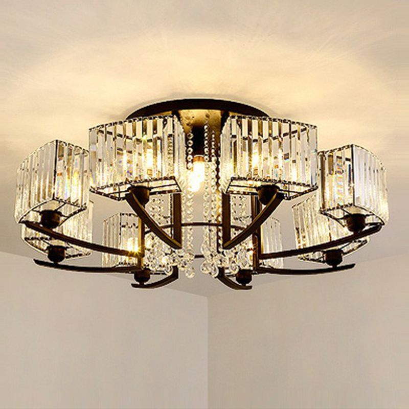 Rectangle Bedroom Semi Flush Ceiling Light Crystal Contemporary Flush Mount Lamp in Black