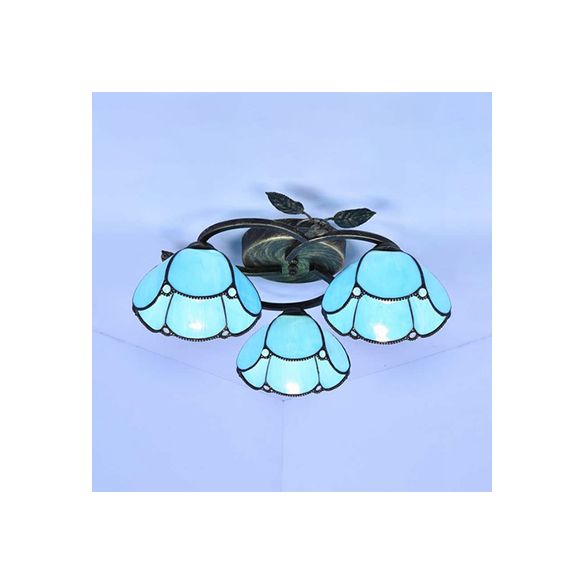 Geometric Ceiling Light Fixture with Pattern Tiffany Stained Glass 3 Lights Flushmount Ceiling Light in Bronze