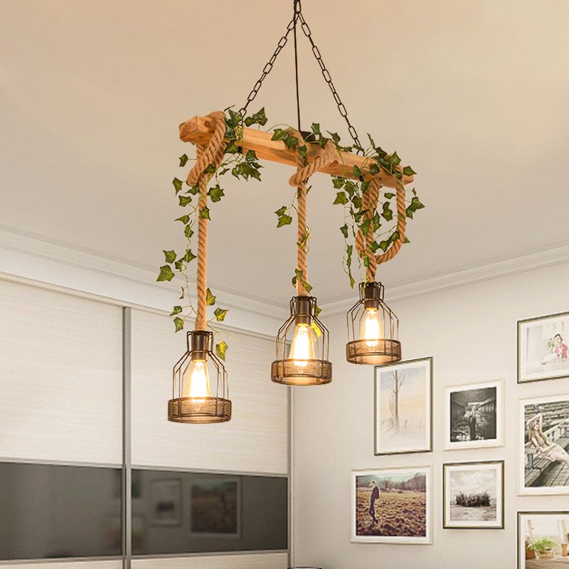 Metal Caged Island Pendant Light Industrial 3/5 Lights Dining Room Rope Hanging Lamp in Brown with Wood Beam