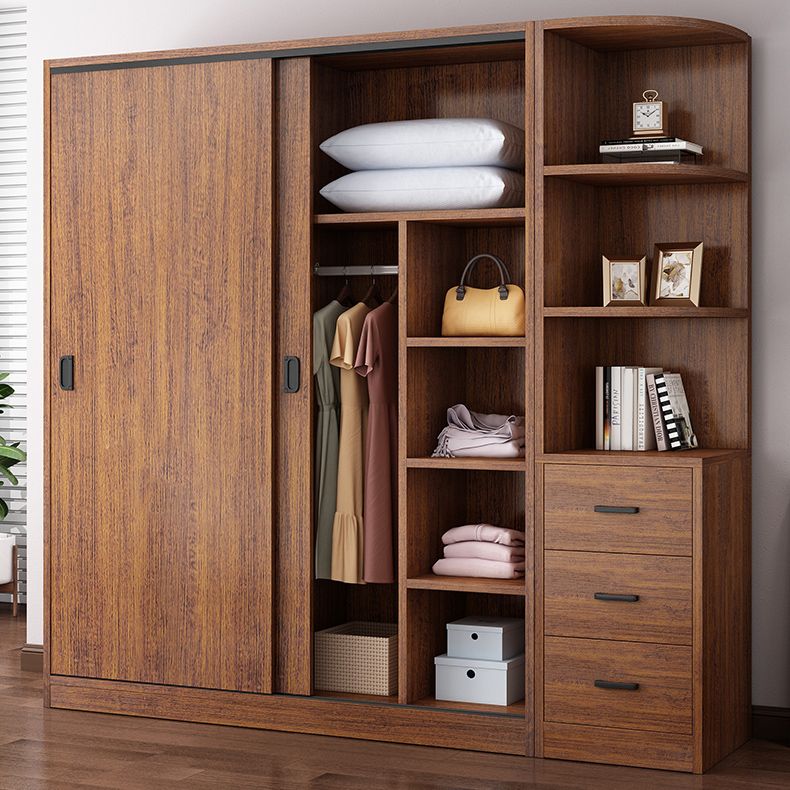 Artificial Wood Wardrobe Brown Wardrobe with Sliding Doors for Bedroom