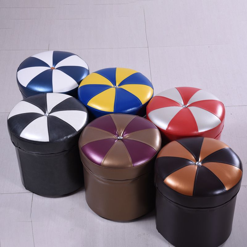 Minimalist Round Ottoman Contrast Panel Faux Leather Indoor Round Chair Ottoman